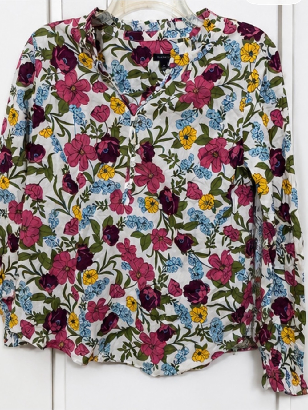 Talbots White Floral Long-Sleeve Button Henley Blouse